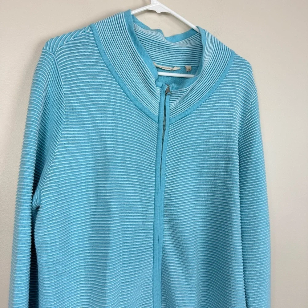 Soft Surroundings Corcovado Cardigan XL Blue Striped Zip-Up Mock Neck Pockets